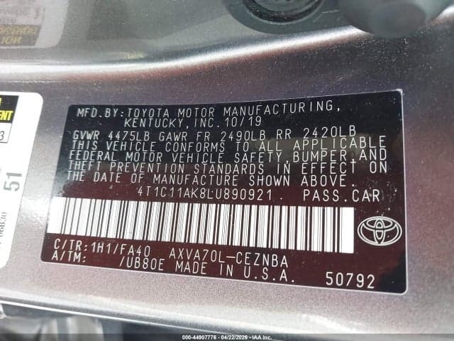 2020 TOYOTA CAMRY LE 9