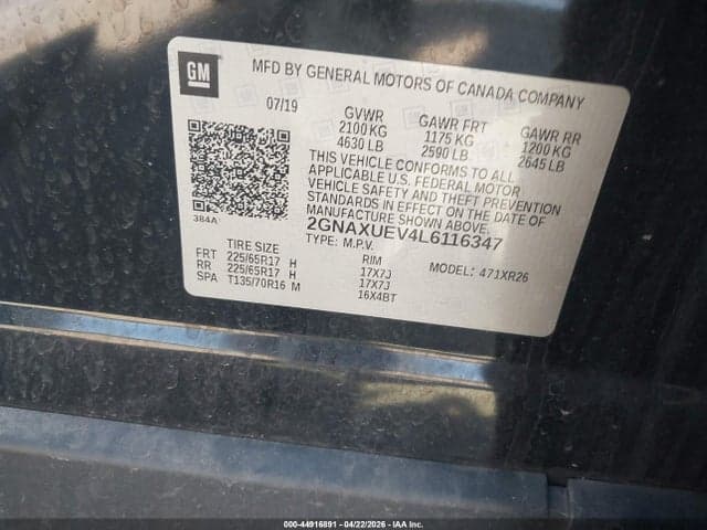 2020 CHEVROLET EQUINOX AWD LT 1.5L TURBO 9