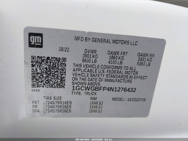 2022 GMC EXPRESS CARGO RWD 2500 EXTENDED WHEELBASE WT 9