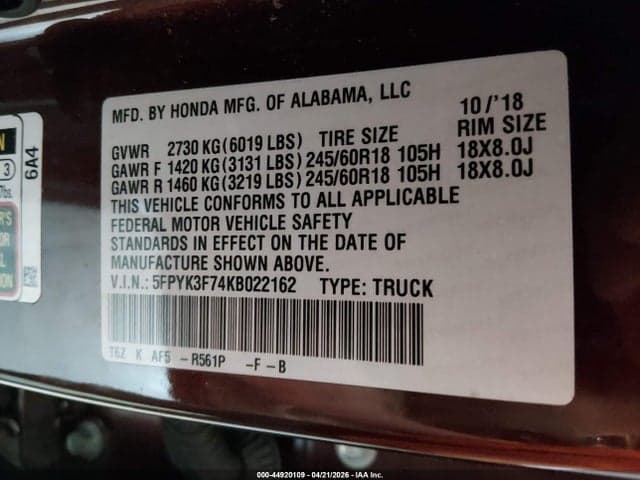 2019 HONDA RIDGELINE RTL-E 9