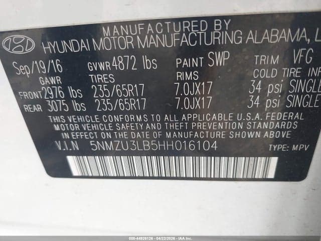 2017 HYUNDAI SANTA FE SPORT 2.4L 9