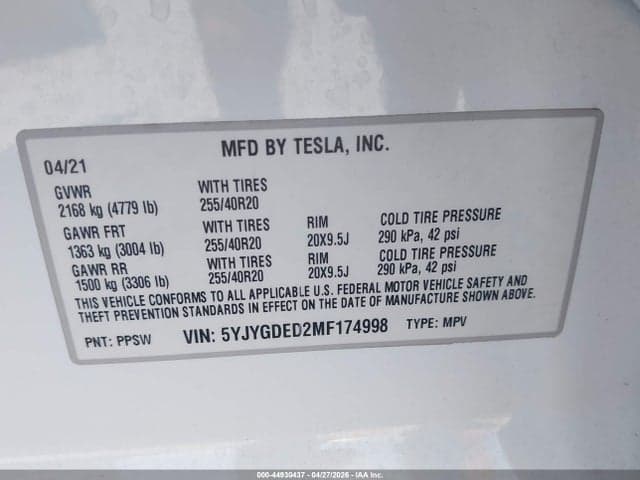 2021 TESLA MODEL Y STANDARD RANGE REAR-WHEEL DRIVE 9
