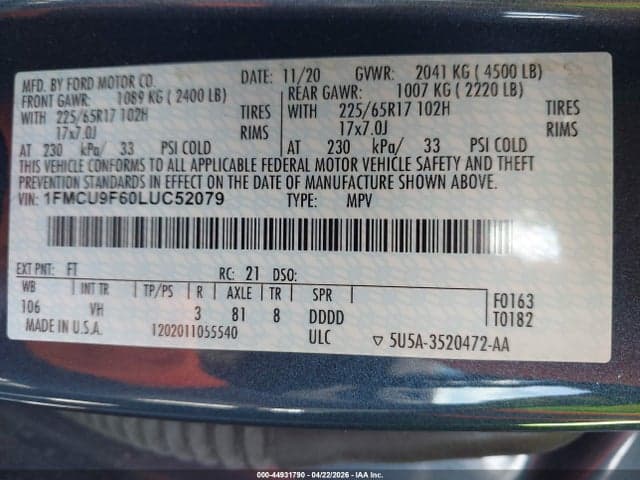 2020 FORD ESCAPE S 9