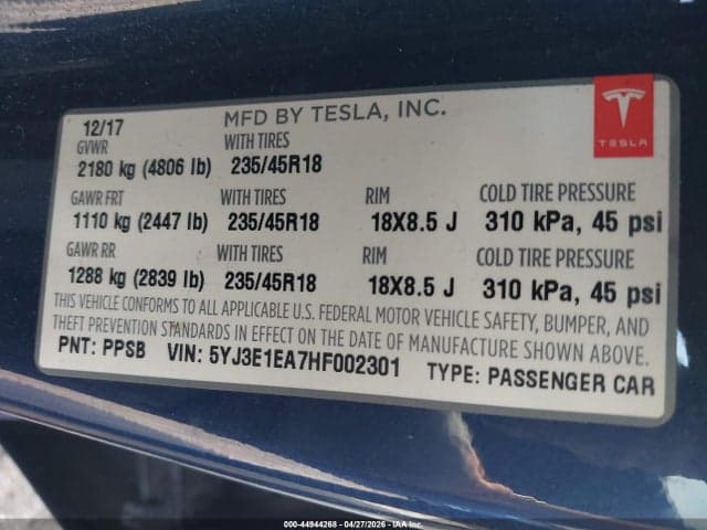 2017 TESLA MODEL 3 LONG RANGE/STANDARD 9