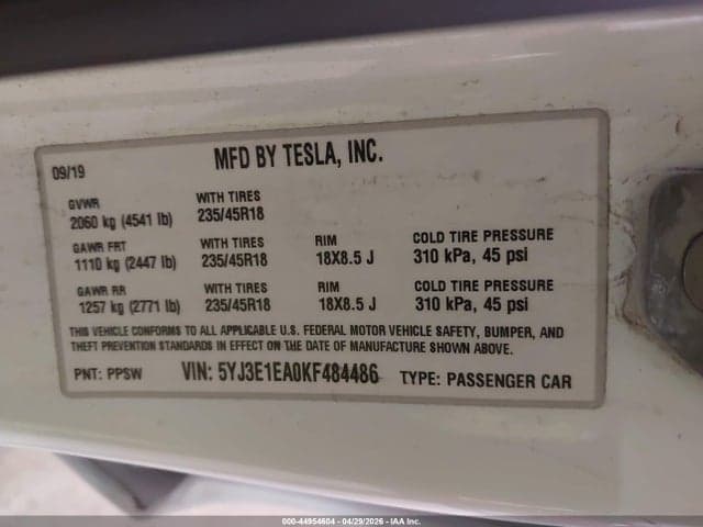 2019 TESLA MODEL 3 LONG RANGE/MID RANGE/STANDARD RANGE/STANDARD RANGE PLUS 9