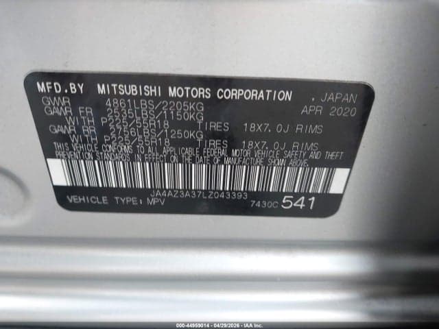 2020 MITSUBISHI OUTLANDER ES 2.4 S-AWC/LE 2.4 S-AWC/SE 2.4 S-AWC/SEL 2.4 S-AWC/SP 2.4 S-AWC 9