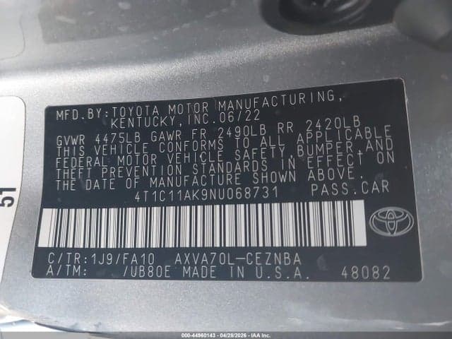 2022 TOYOTA CAMRY LE 9
