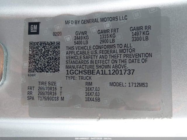 2020 CHEVROLET COLORADO 2WD LONG BOX WT 9