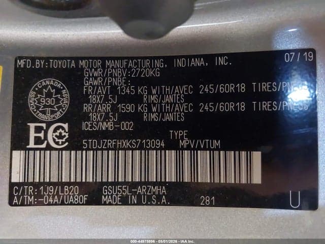 2019 TOYOTA HIGHLANDER XLE 9