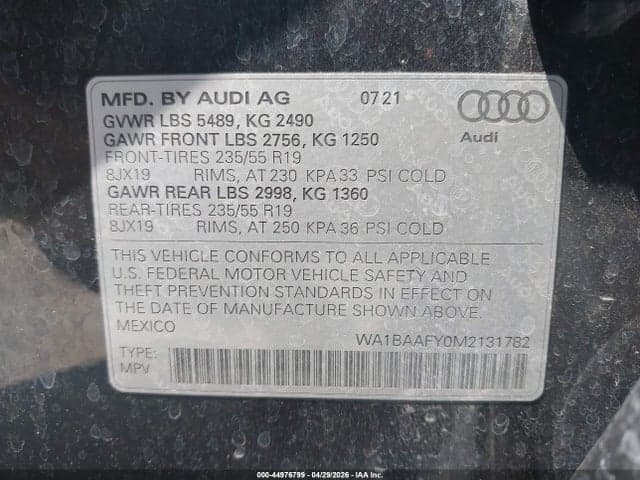 2021 AUDI Q5 PREMIUM PLUS 45 TFSI QUATTRO S TRONIC 9
