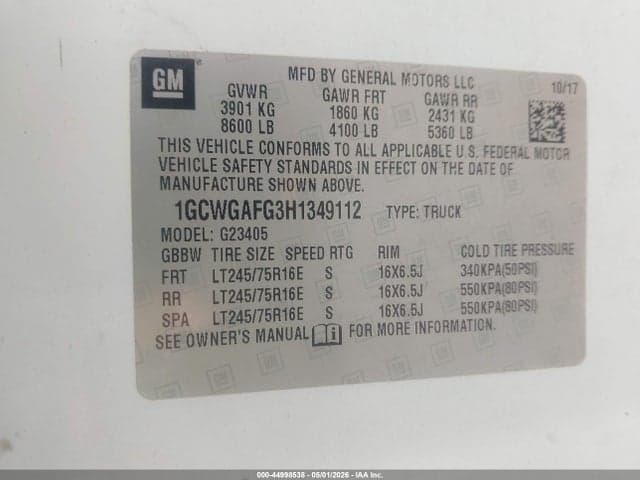 2017 CHEVROLET EXPRESS 2500 WORK VAN 9