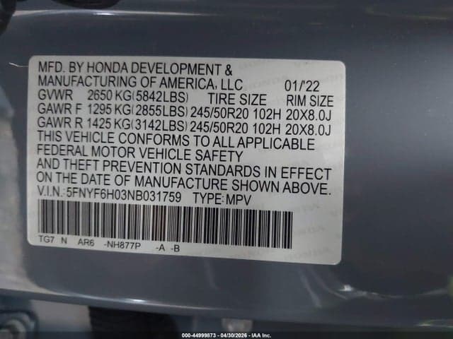 2022 HONDA PILOT AWD ELITE 9