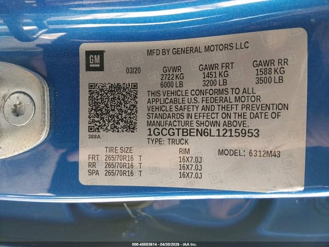 2020 CHEVROLET COLORADO 4WD SHORT BOX WT 9