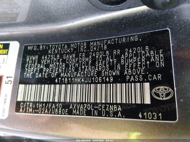 2018 TOYOTA CAMRY L/LE/SE/XLE 9