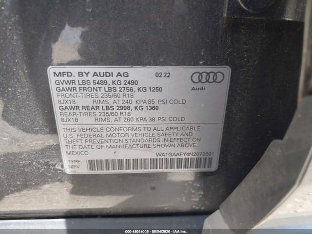 2022 AUDI Q5 PREMIUM 45 TFSI S LINE QUATTRO S TRONIC 9