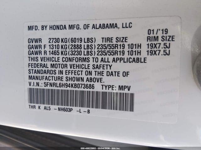 2019 HONDA ODYSSEY ELITE 9