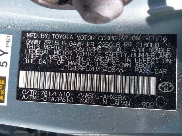2017 TOYOTA PRIUS TWO 9
