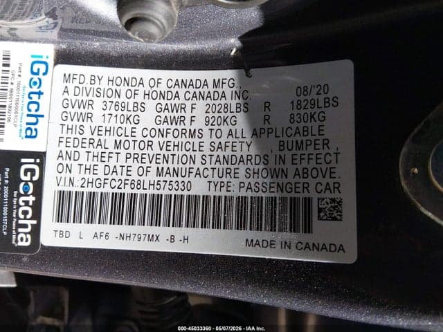 2020 HONDA CIVIC LX 9