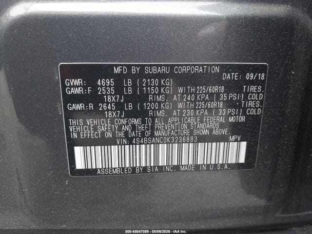 2019 SUBARU OUTBACK 2.5I LIMITED 9