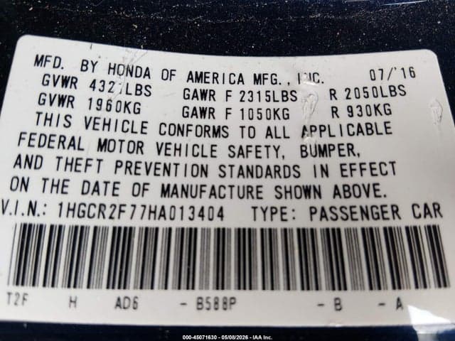 2017 HONDA ACCORD EX 9