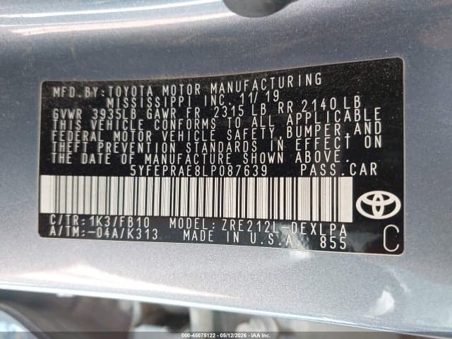 2020 TOYOTA COROLLA LE 9