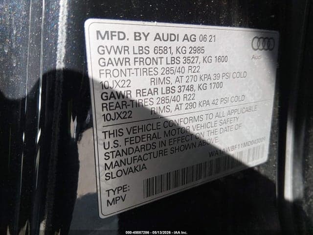 2021 AUDI SQ8 PREMIUM PLUS TFSI QUATTRO TIPTRONIC 9
