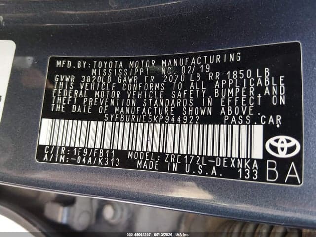 2019 TOYOTA COROLLA LE 9