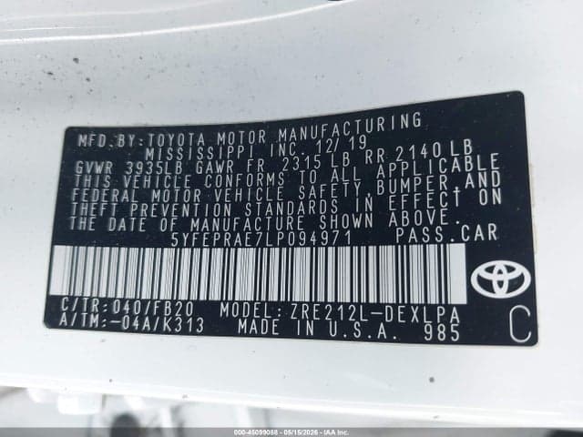 2020 TOYOTA COROLLA LE 9