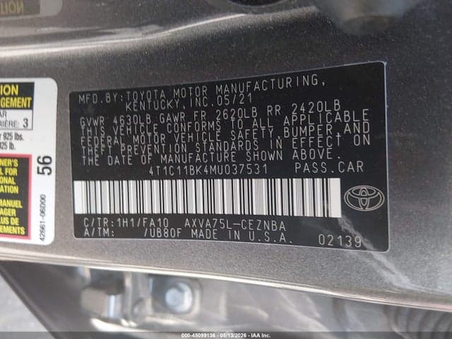 2021 TOYOTA CAMRY LE AWD 9