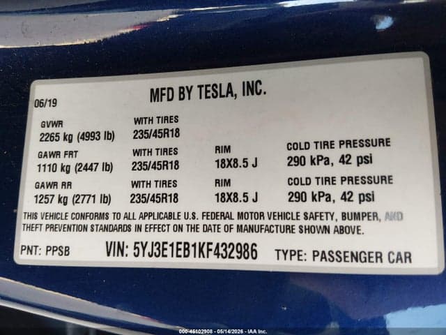 2019 TESLA MODEL 3 LONG RANGE/PERFORMANCE 9
