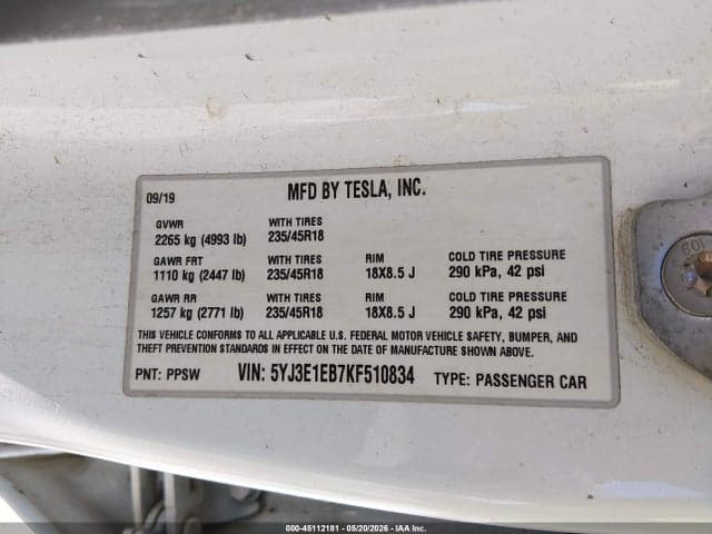 2019 TESLA MODEL 3 LONG RANGE/PERFORMANCE 9