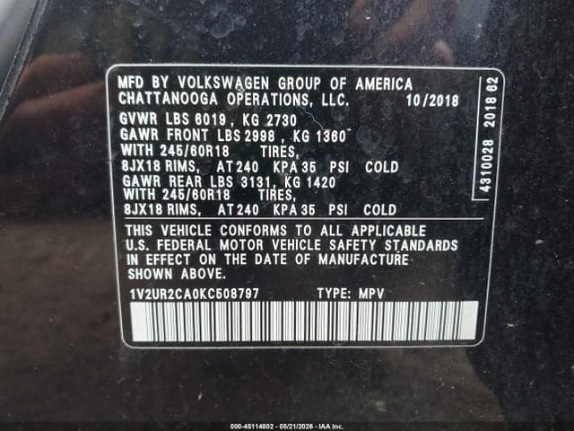 2019 VOLKSWAGEN ATLAS 3.6L V6 SE W/TECHNOLOGY 9