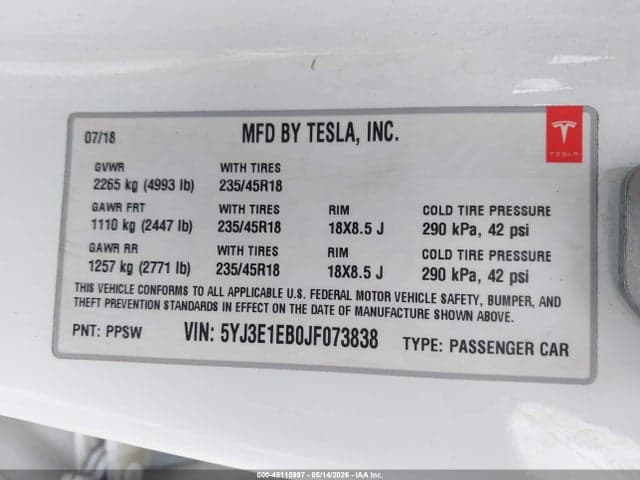 2018 TESLA MODEL 3 LONG RANGE/PERFORMANCE 9