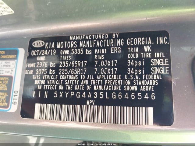 2020 KIA SORENTO 2.4L L 9