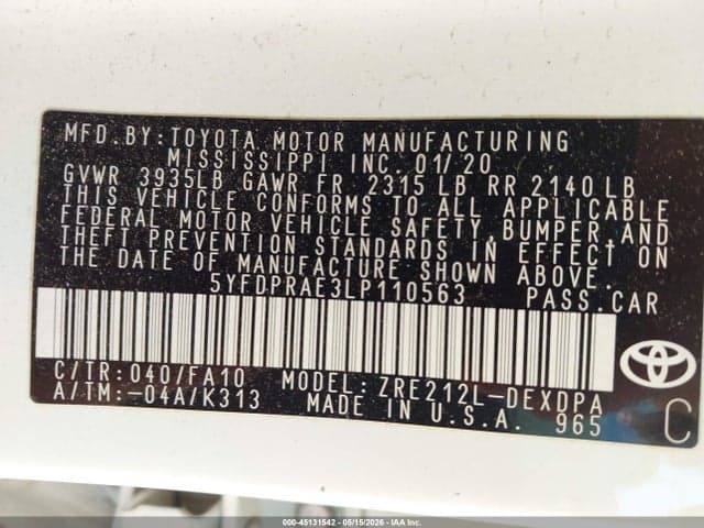 2020 TOYOTA COROLLA L 9