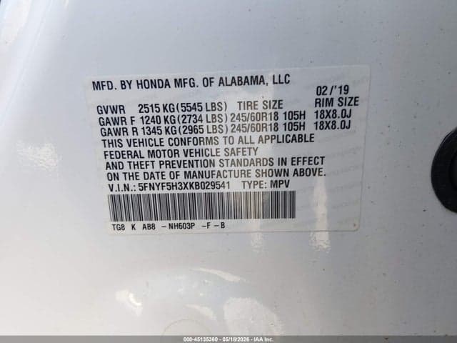 2019 HONDA PILOT EX 9