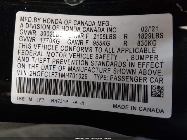 2021 HONDA CIVIC EX-L 9