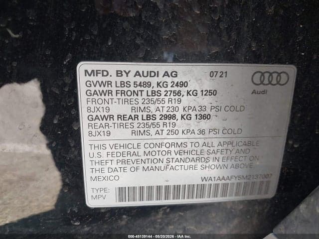 2021 AUDI Q5 PREMIUM 45 TFSI QUATTRO S TRONIC 9