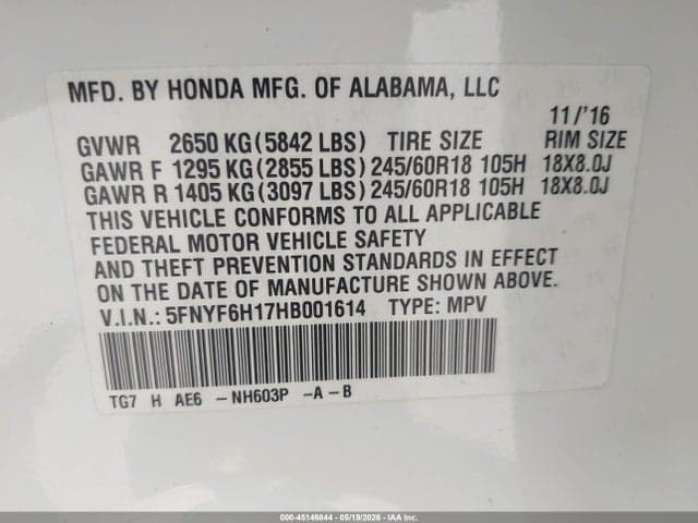 2017 HONDA PILOT LX 9