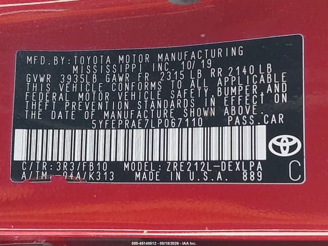 2020 TOYOTA COROLLA LE 9