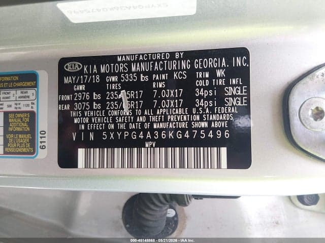 2019 KIA SORENTO 2.4L L 9
