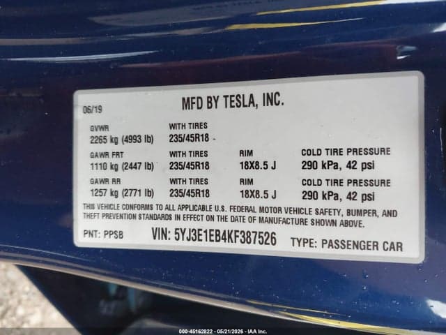 2019 TESLA MODEL 3 LONG RANGE/PERFORMANCE 9
