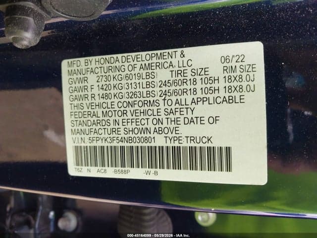 2022 HONDA RIDGELINE RTL 9