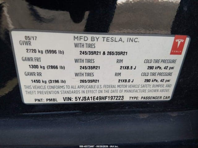 2017 TESLA MODEL S 100D/60D/75D/90D/P100D 9