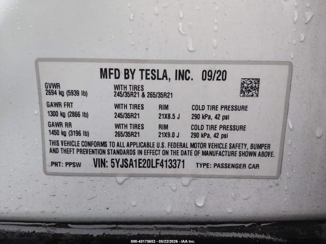 2020 TESLA MODEL S LONG RANGE DUAL MOTOR ALL-WHEEL DRIVE/LONG RANGE PLUS DUAL MOTOR ALL-WHEEL DRIVE 9