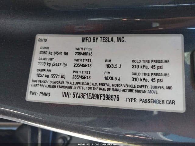 2019 TESLA MODEL 3 LONG RANGE/MID RANGE/STANDARD RANGE/STANDARD RANGE PLUS 9