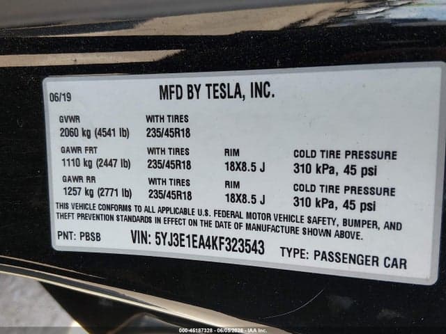 2019 TESLA MODEL 3 LONG RANGE/MID RANGE/STANDARD RANGE/STANDARD RANGE PLUS 9