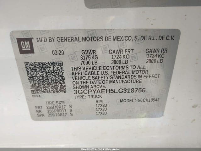 2020 CHEVROLET SILVERADO 1500 4WD SHORT BED WT 9