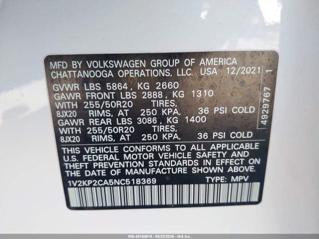2022 VOLKSWAGEN ATLAS 2.0T SE W/TECHNOLOGY 9