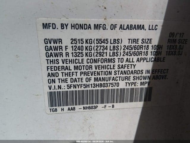 2017 HONDA PILOT LX 9